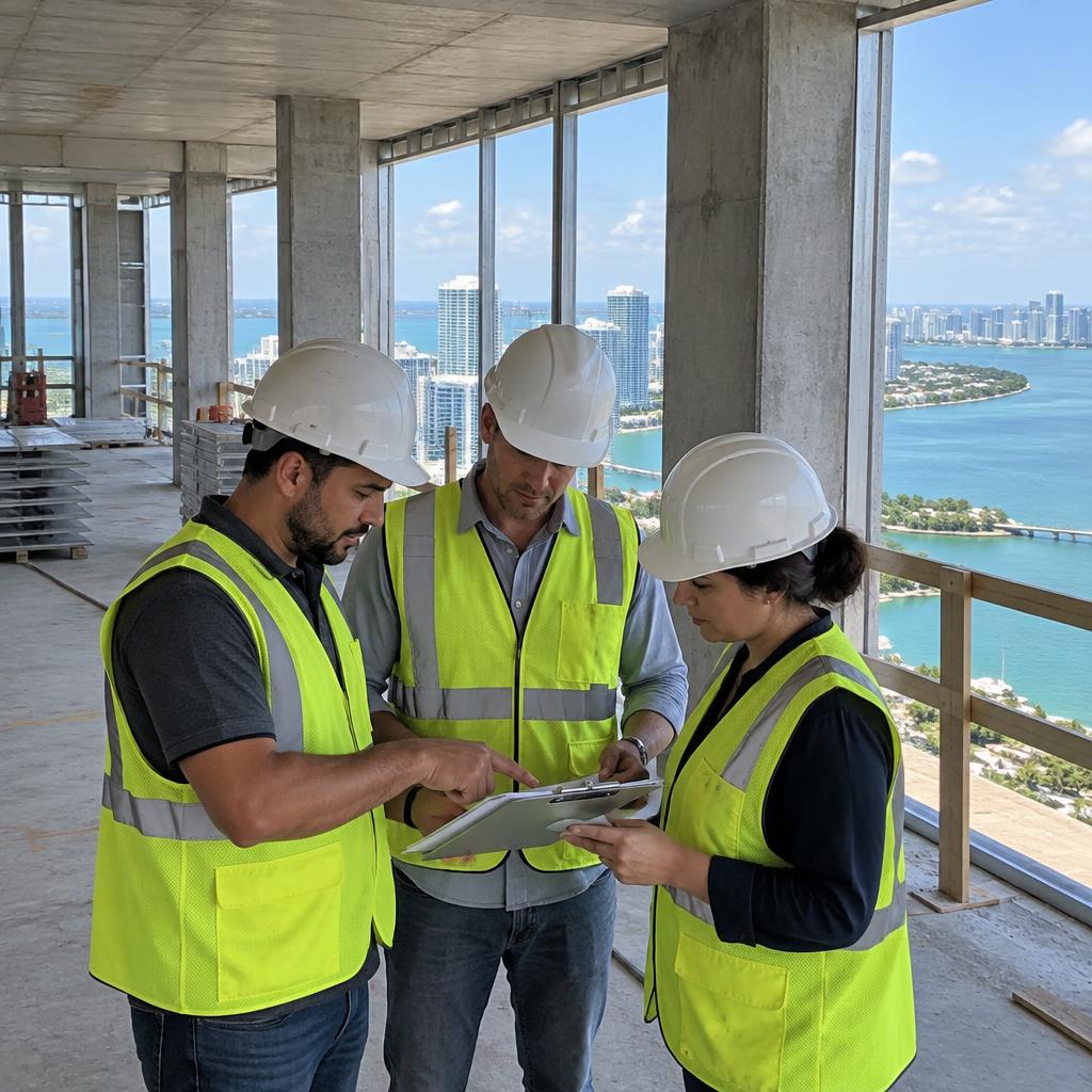 Moreno Construction crew reviewing a punch list on a Miami high-rise floor