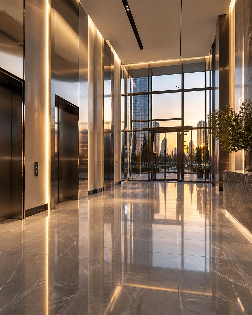 Finished lobby with metal cladding and polished tile floor